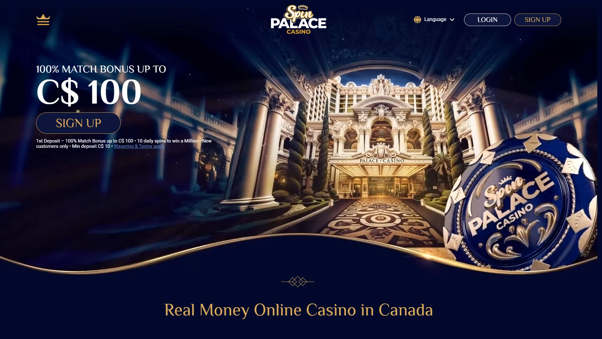 Spin Palace homepage